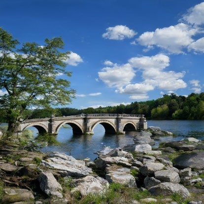 Generated lakeside scene with a bridge, stone, trees and sky