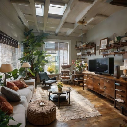 Generated living room with furniture, plants and decorations